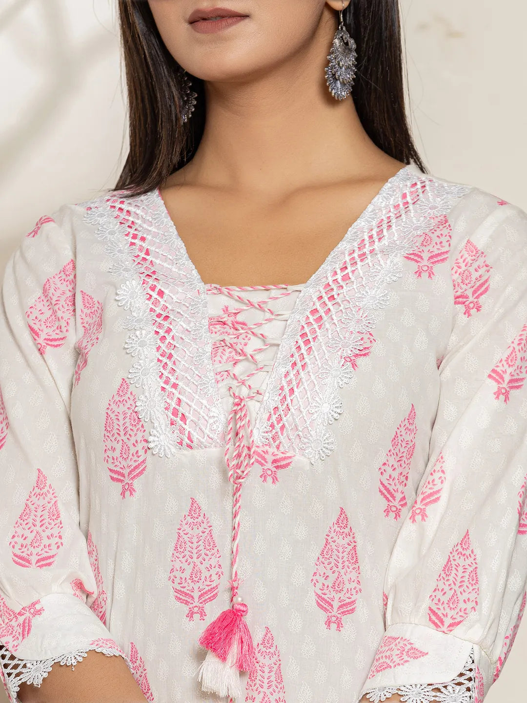 Yufta White And Pink Floral Print Cotton Straight Kurta Dupatta Set