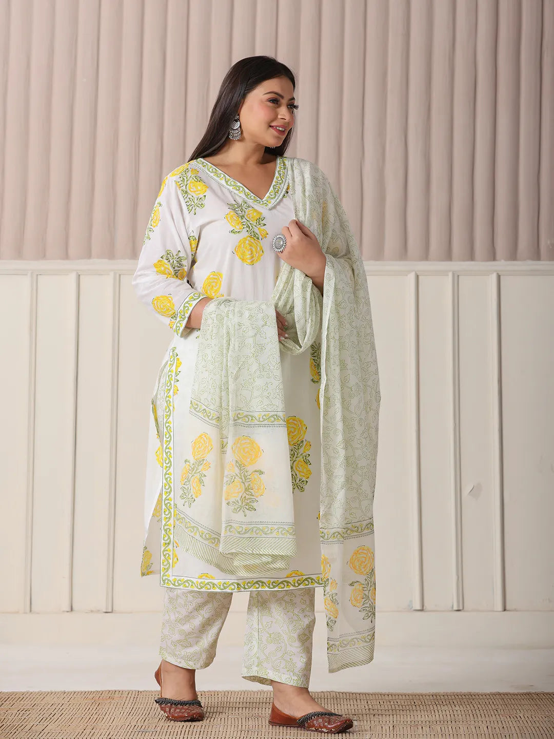 Yufta White And Yellow Cotton Sequins Work Plus Size Kurta Set With Pant & Dupatta