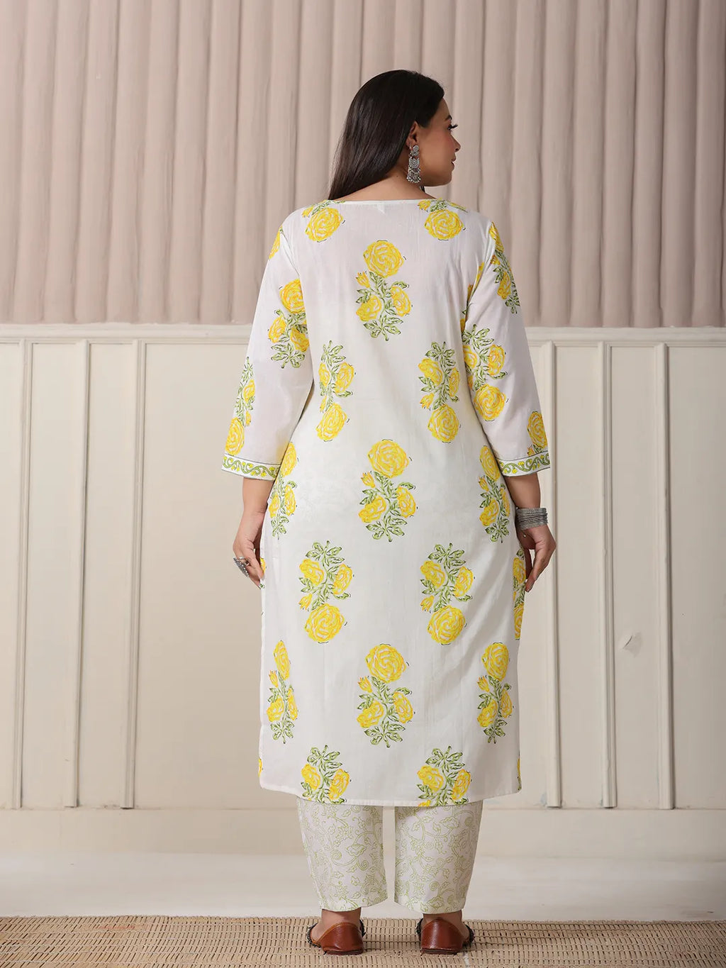 Yufta White And Yellow Cotton Sequins Work Plus Size Kurta Set With Pant & Dupatta