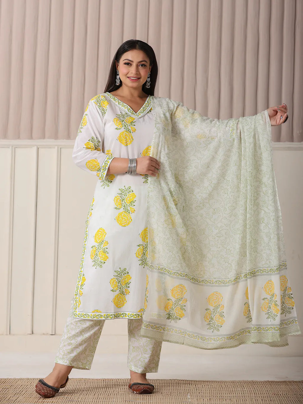 Yufta White And Yellow Cotton Sequins Work Plus Size Kurta Set With Pant & Dupatta
