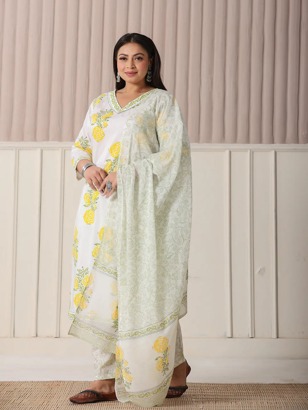 Yufta White And Yellow Cotton Sequins Work Plus Size Kurta Set With Pant & Dupatta