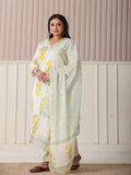 Yufta White And Yellow Cotton Sequins Work Plus Size Kurta Set With Pant & Dupatta