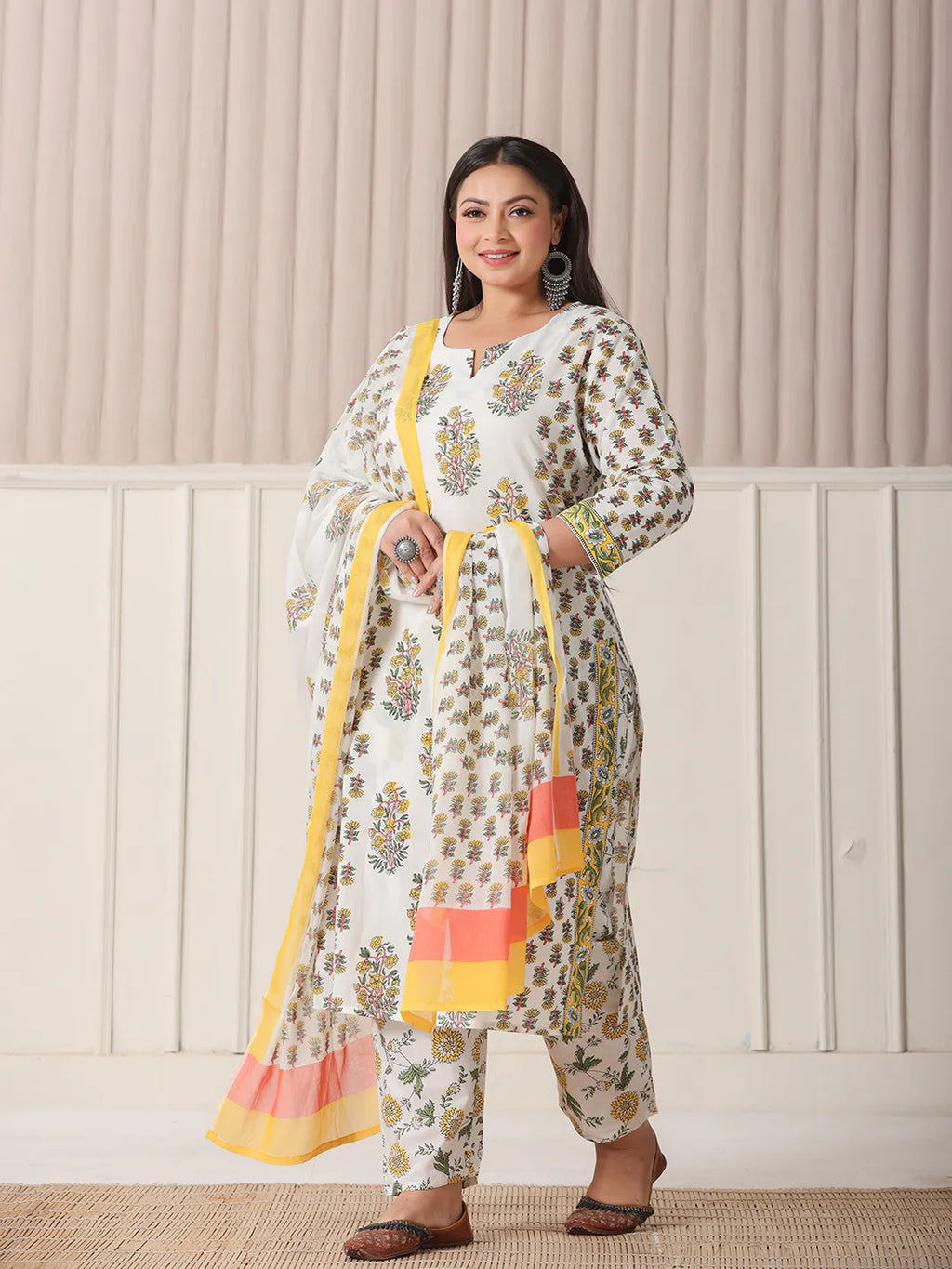 Yufta White And Yellow Floral Print Cotton Sequins Work Plus Size Kurta Set With Pant & Dupatta