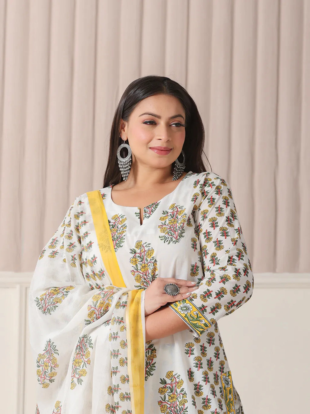 Yufta White And Yellow Floral Print Cotton Sequins Work Plus Size Kurta Set With Pant & Dupatta