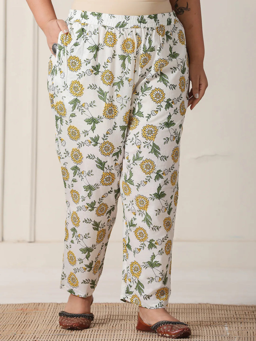 Yufta White And Yellow Floral Print Cotton Sequins Work Plus Size Kurta Set With Pant & Dupatta