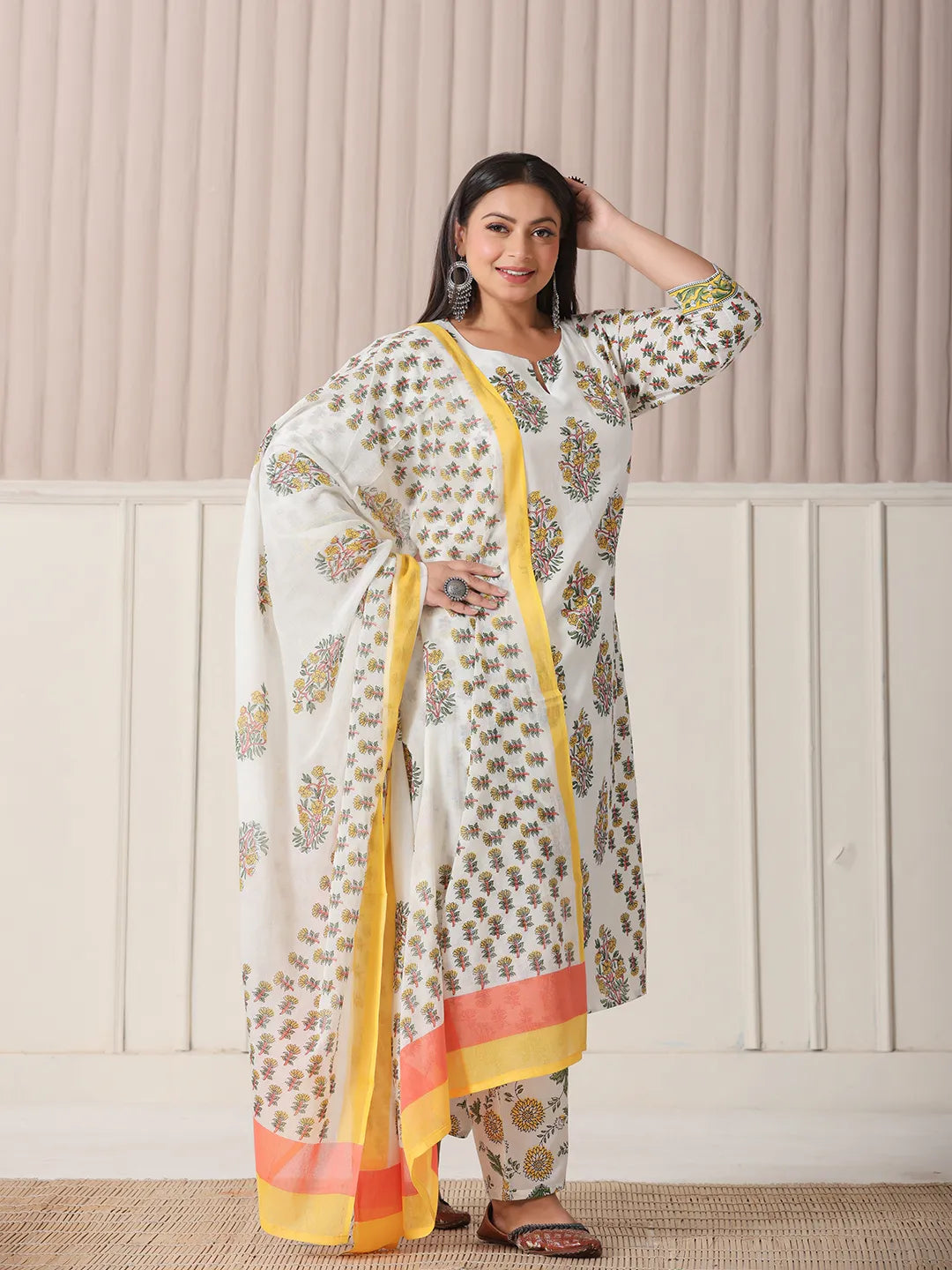 Yufta White And Yellow Floral Print Cotton Sequins Work Plus Size Kurta Set With Pant & Dupatta
