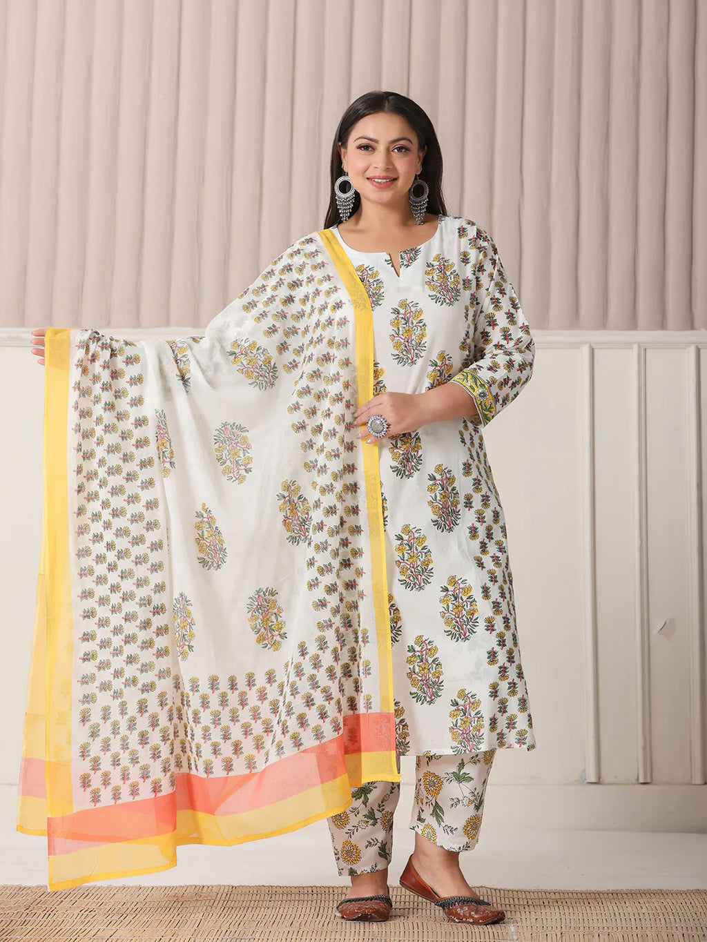 Yufta White And Yellow Floral Print Cotton Sequins Work Plus Size Kurta Set With Pant & Dupatta