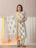 Yufta White And Yellow Floral Print Cotton Sequins Work Plus Size Kurta Set With Pant & Dupatta