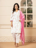 Yufta White Cotton Floral Print Kurta Dupatta Set