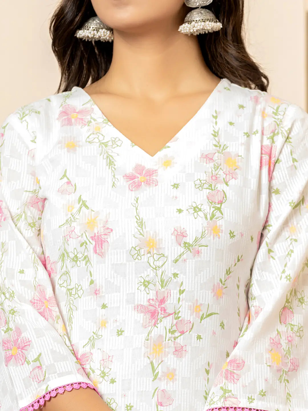 Yufta White Cotton Floral Print Kurta Dupatta Set