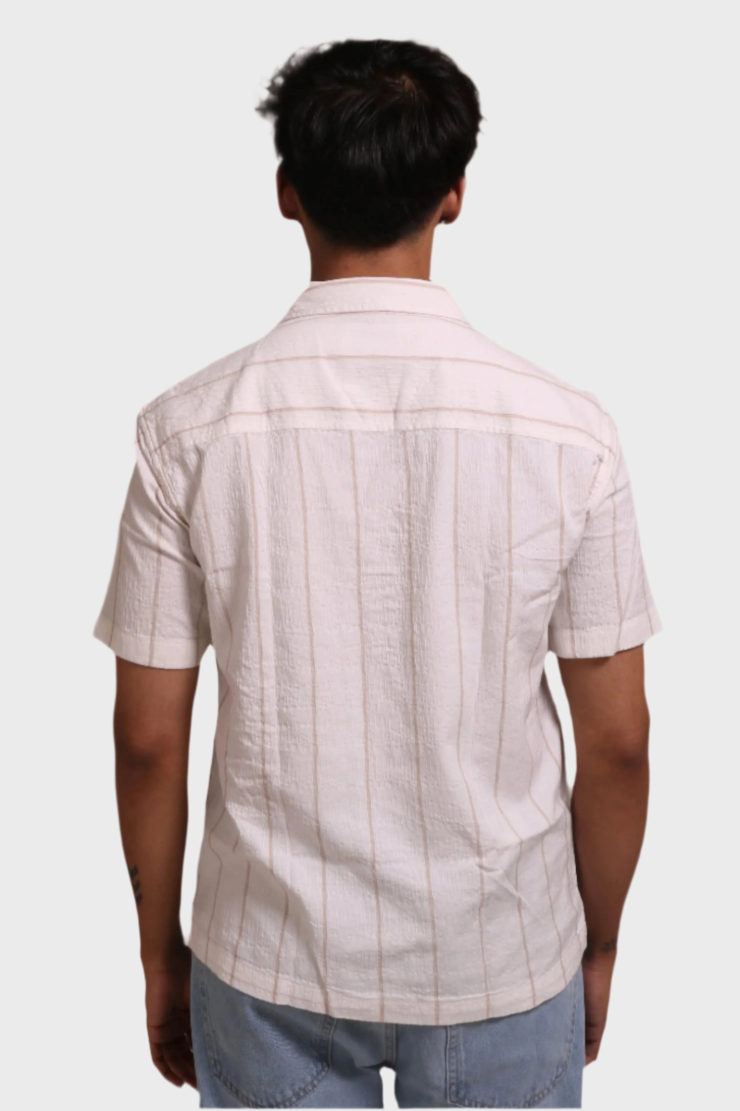 Jonesburg Men's White Beige Stripes Textured Relaxed Fit Shirt