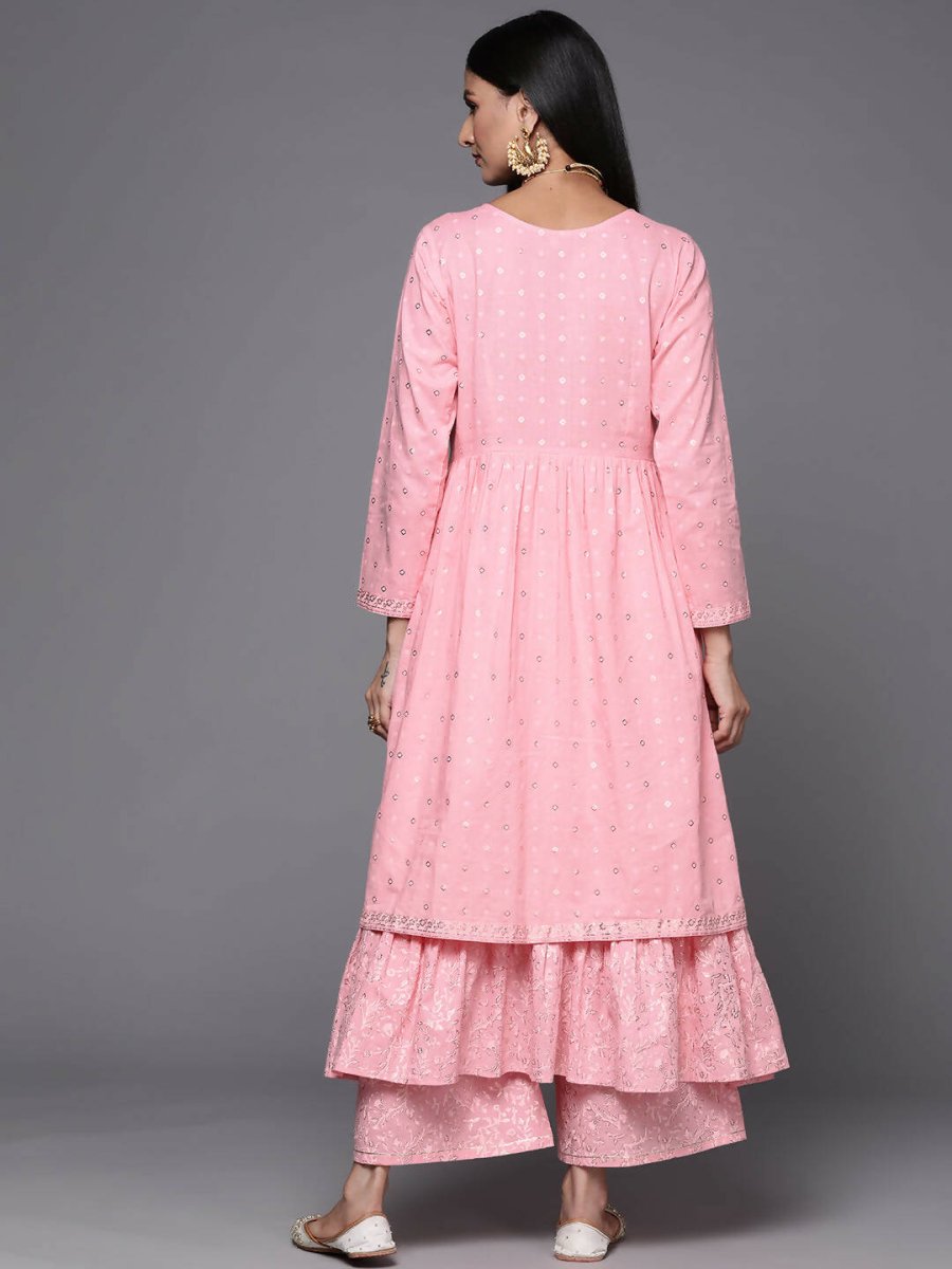 Ahalyaa Pink & Gold Ethnic Printed Layered Front Slit Cotton Anarkali Kurta Palazzos