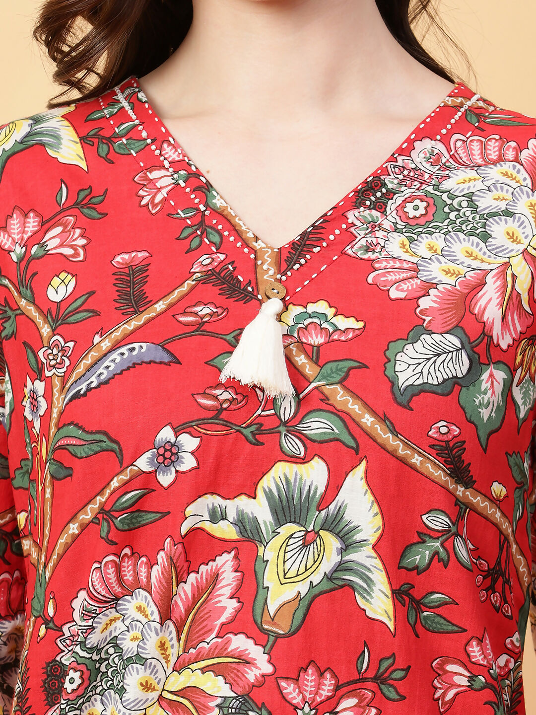 Joban Fashion Red Cotton Printed & Hand Work Co-ord Set