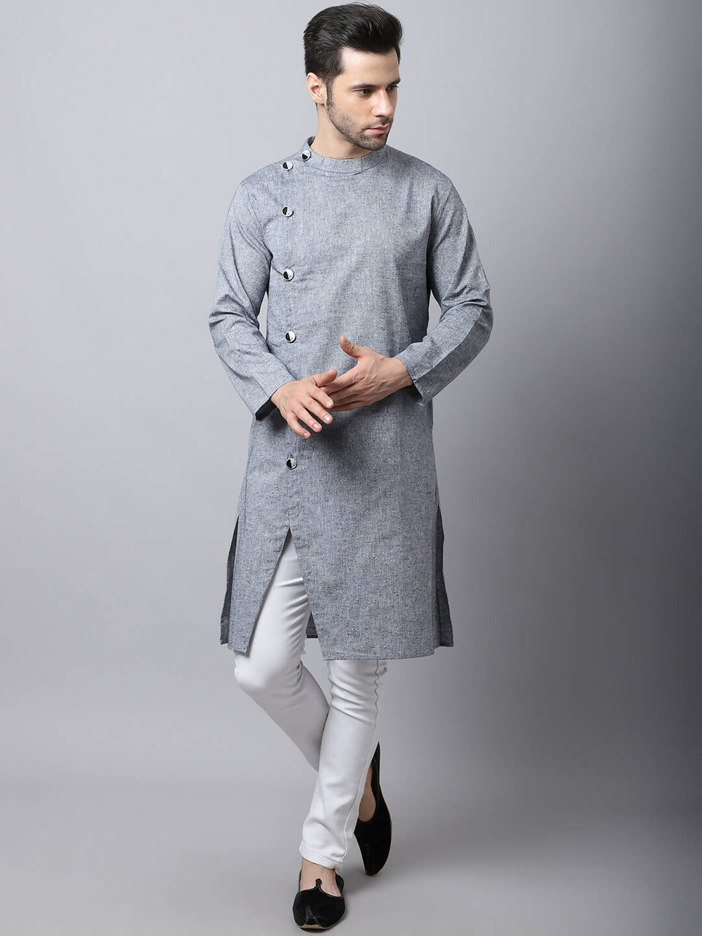 Even Apparels Grey Pure Cotton Sherwani Men's Kurta With Asymetrical Cut