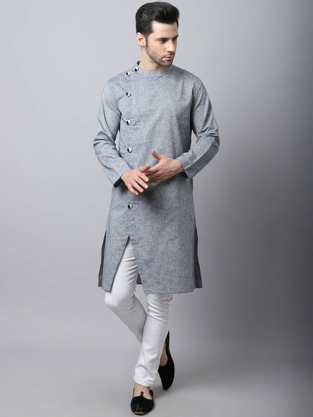 Even Apparels Grey Pure Cotton Sherwani Men's Kurta With Asymetrical Cut