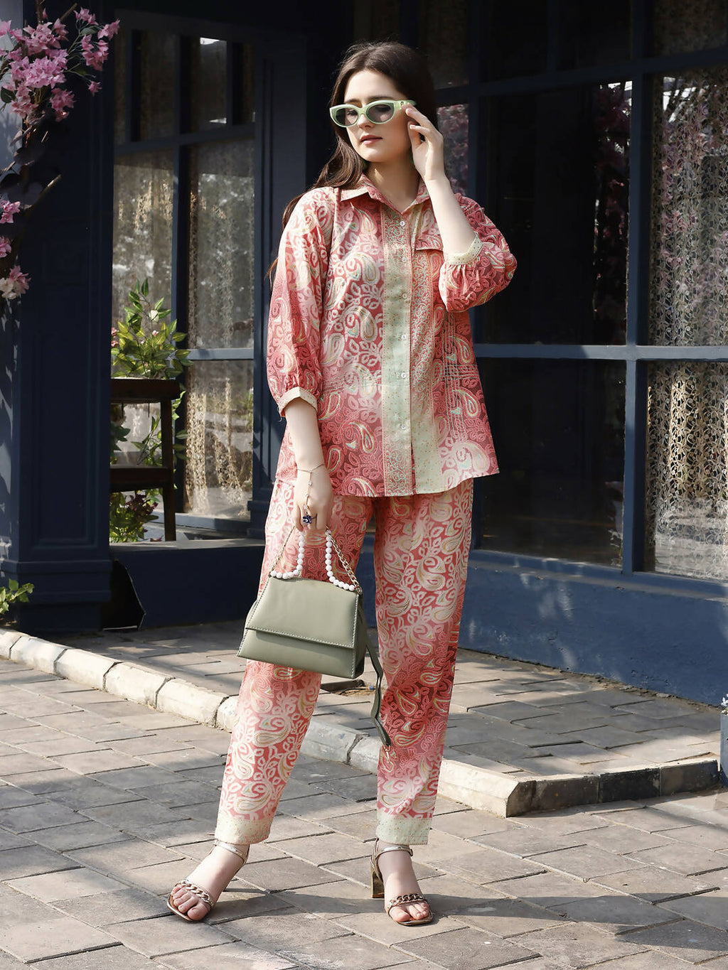 Red & Cream Rayon Paisley Printed Top with Matching Bottom - Eesha