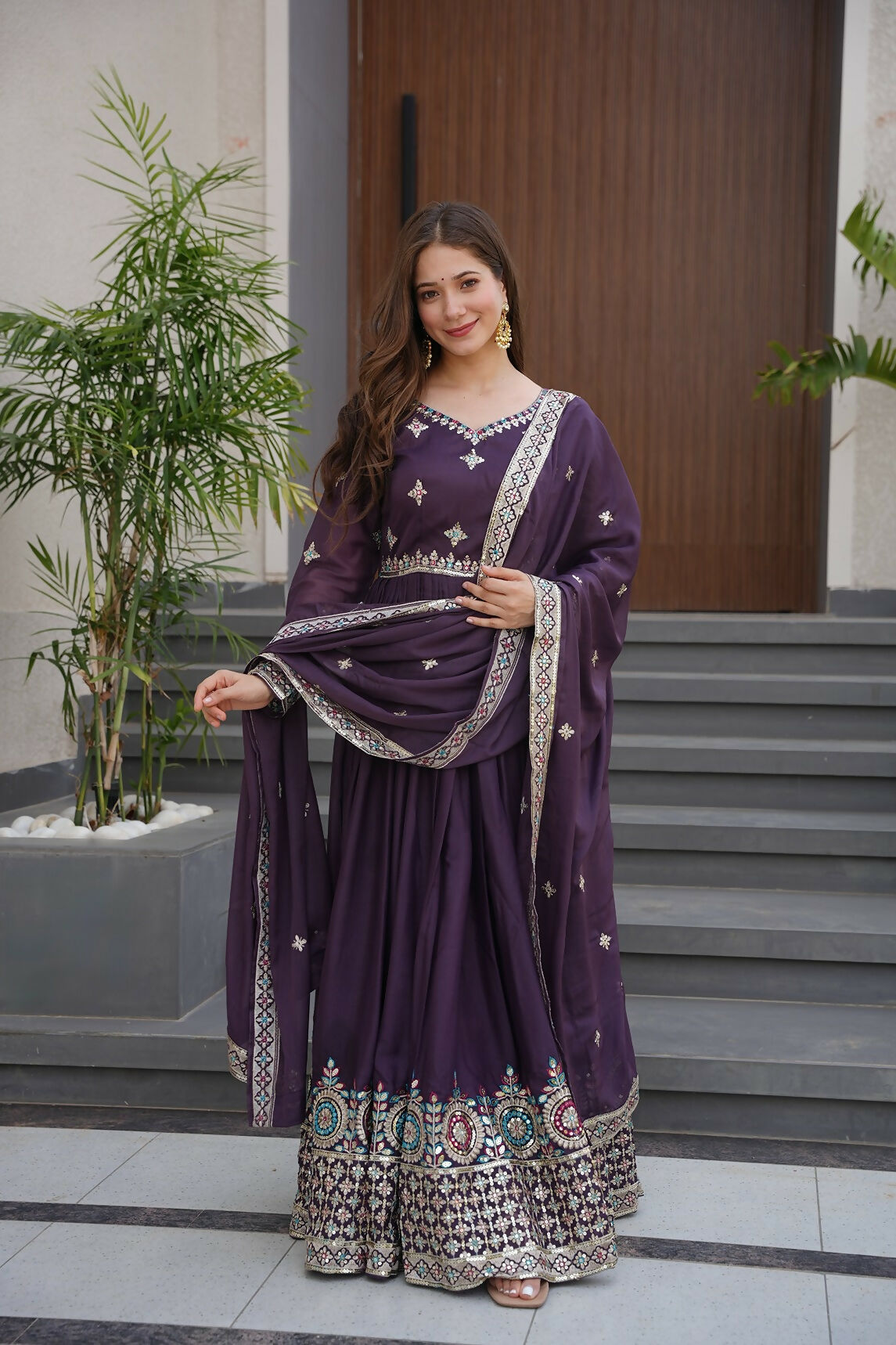 Teeya Creation Violet Color Pure Diamond Silk Wedding Wear Long Gown