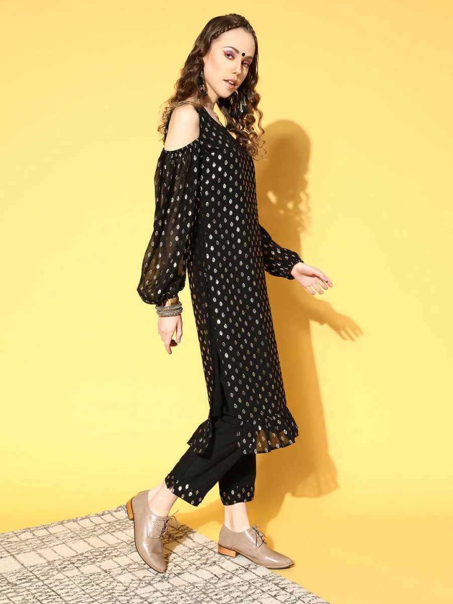 Ahalyaa Women Black Colour Georgette Gold Foil Printed Kurta Pant Set
