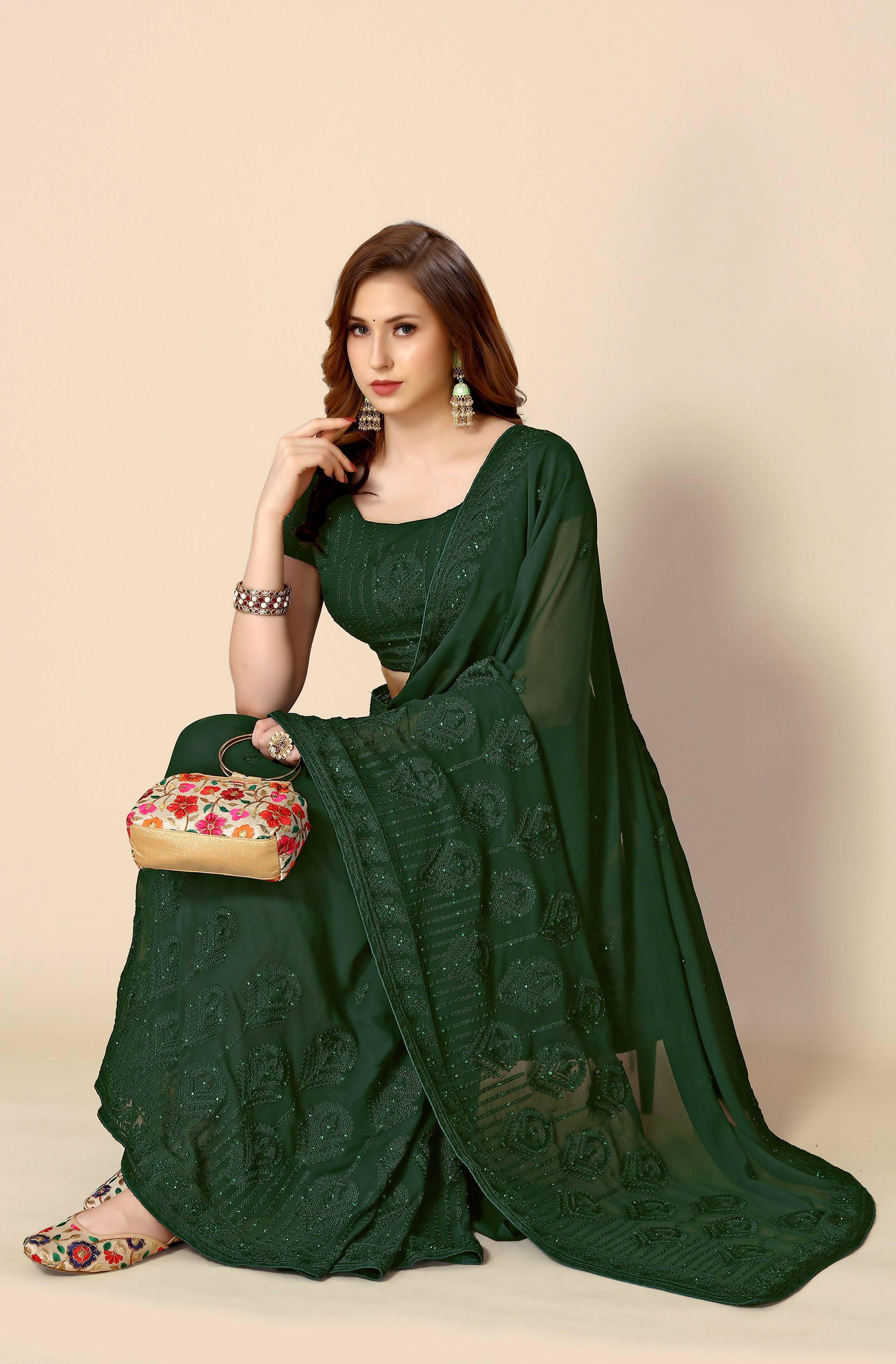Green Georgette Embroidered and Stone Work Saree with Unstitched Blouse Piece - Roozal