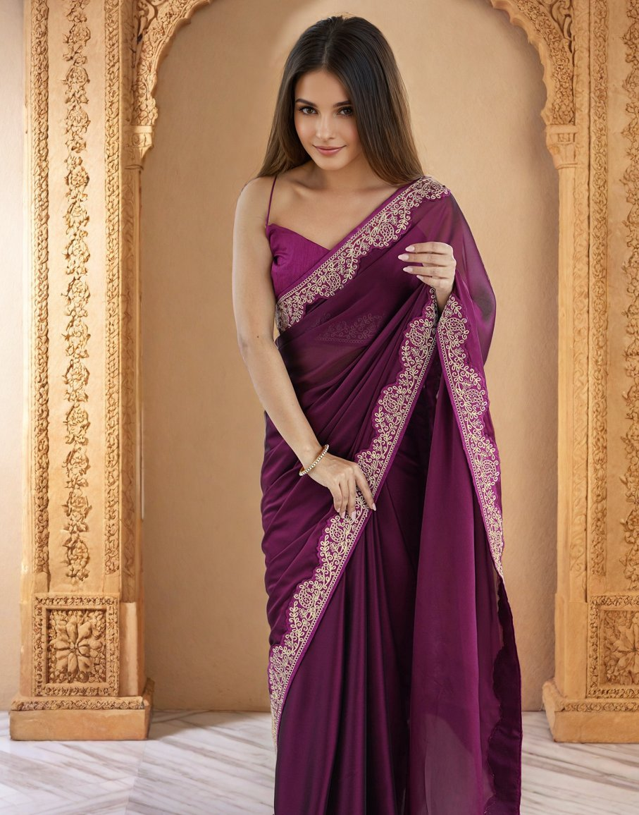 Lorenvalley Fashion Wine Rangoli Silk with Coding Lace Work Saree with Blouse