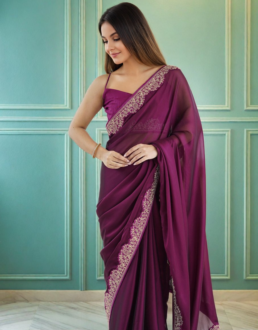 Lorenvalley Fashion Wine Rangoli Silk with Coding Lace Work Saree with Blouse