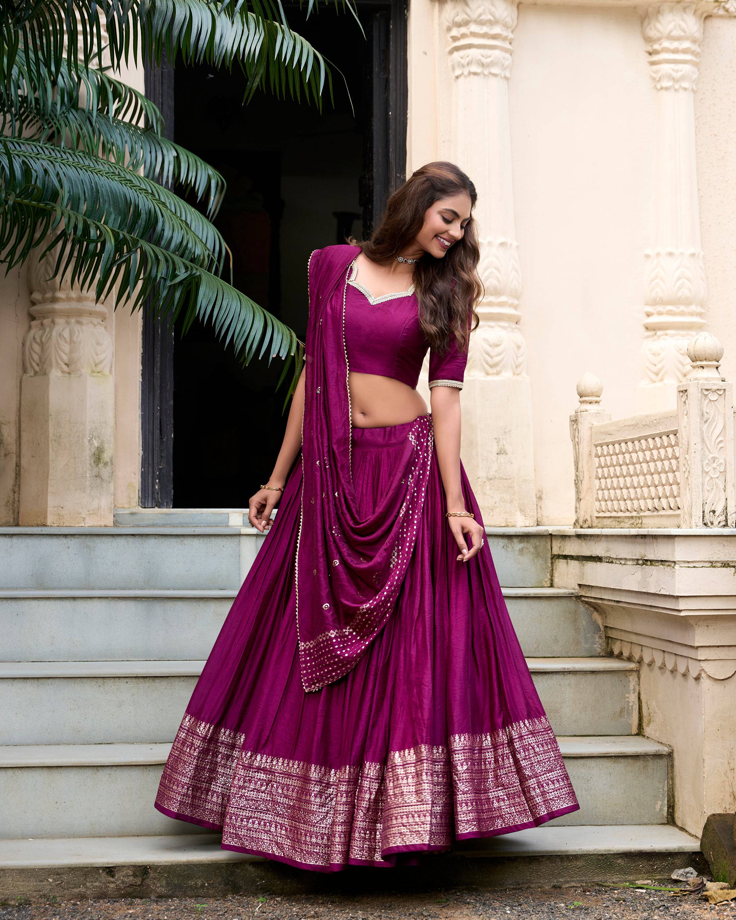 Evanik Women Pure Chanderi Plain With Zari Weaving Work Border Stitched Lehenga With Unstitched Blouse Dupatta(Up to 42)
