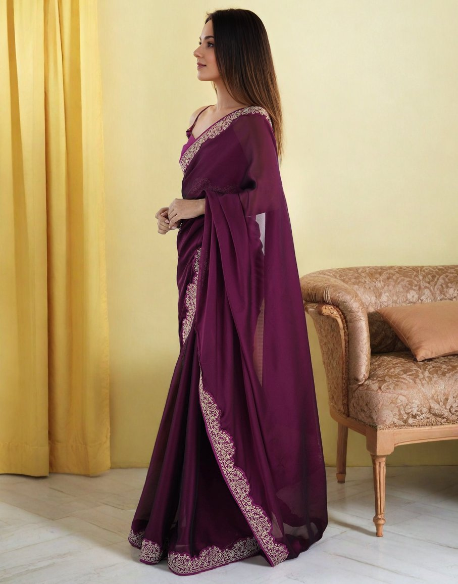 Lorenvalley Fashion Wine Rangoli Silk with Coding Lace Work Saree with Blouse