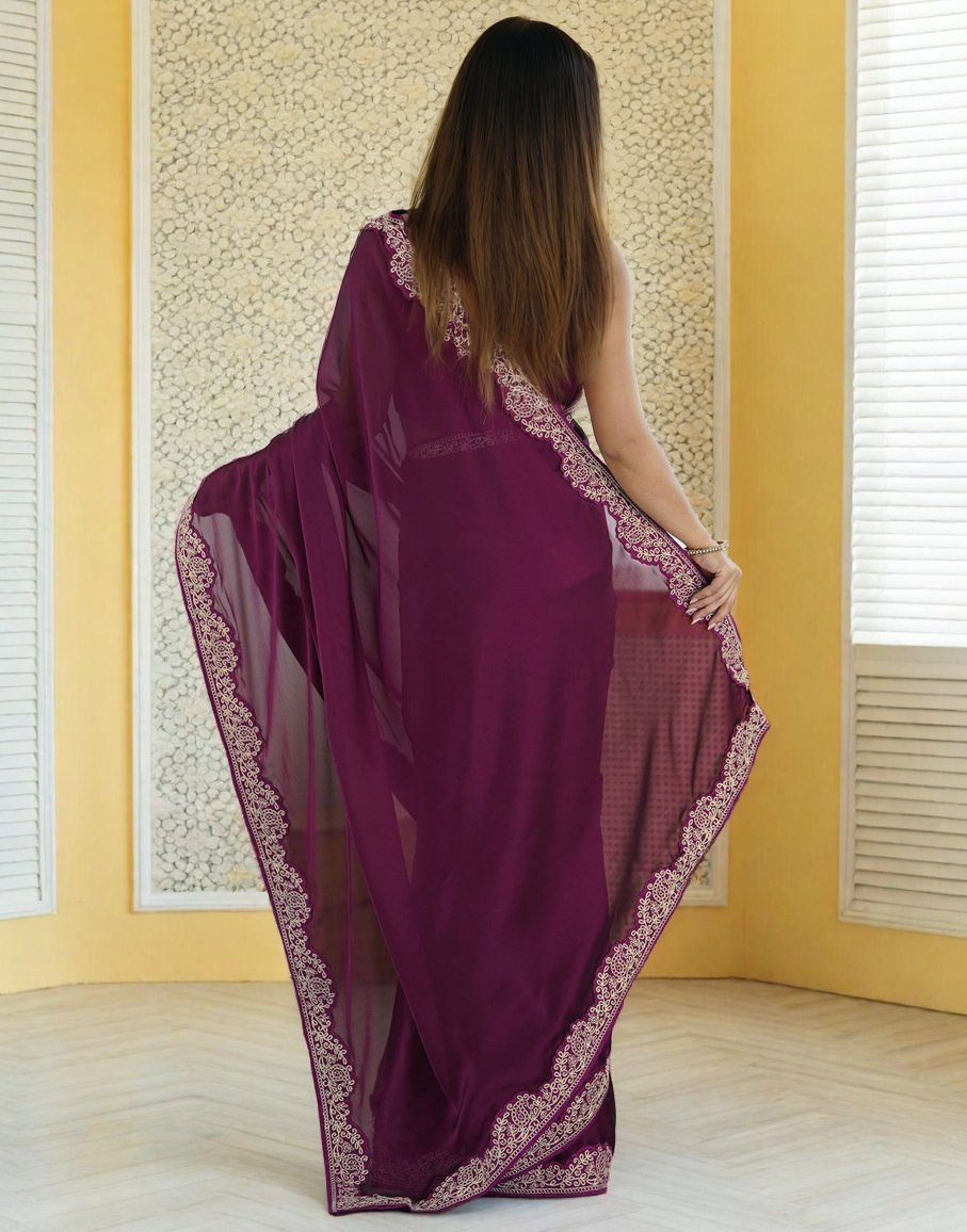 Lorenvalley Fashion Wine Rangoli Silk with Coding Lace Work Saree with Blouse