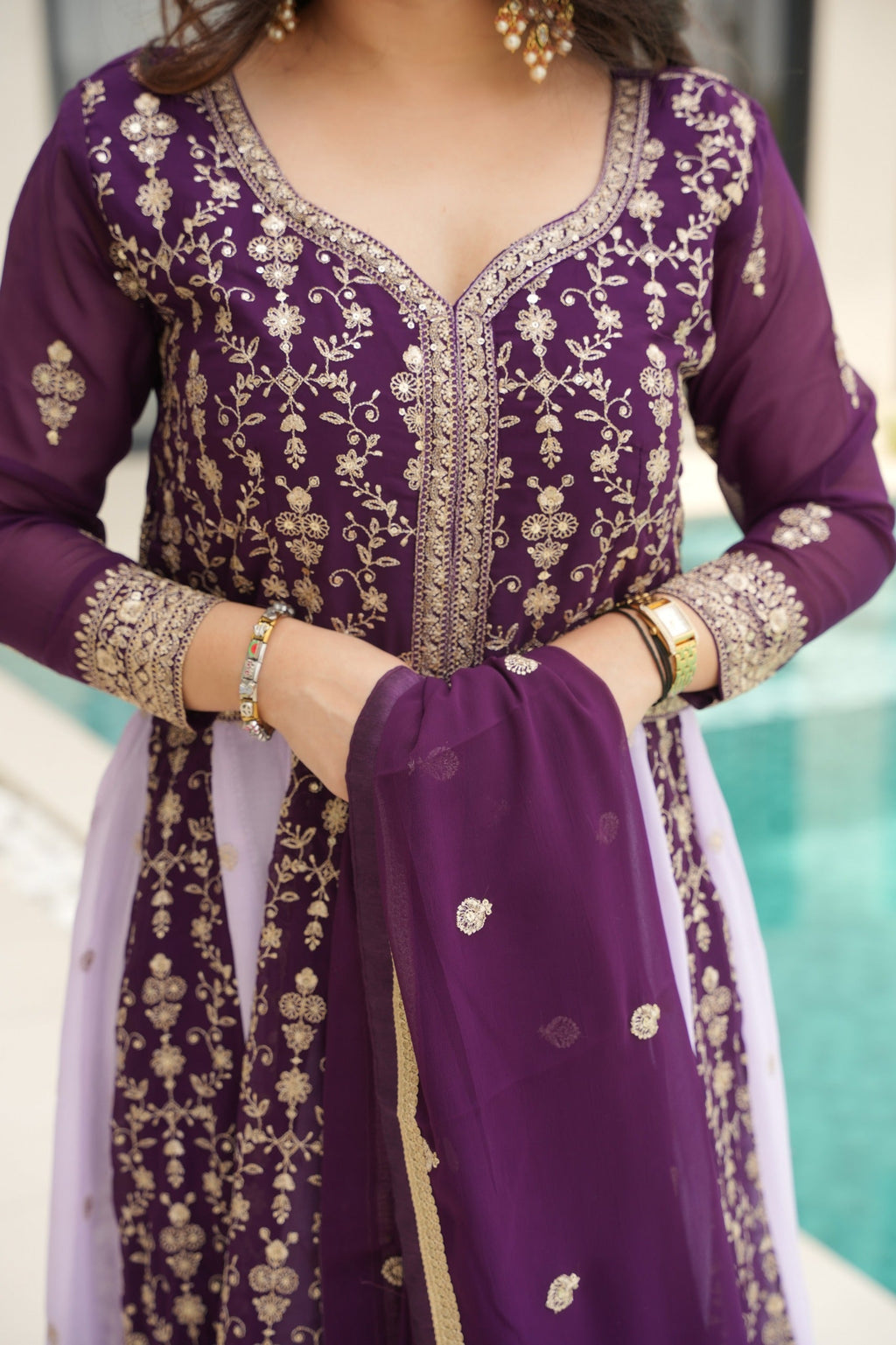 Evanik Wine Faux Georgette With Zari & Sequins Embroidered work Wedding Gown