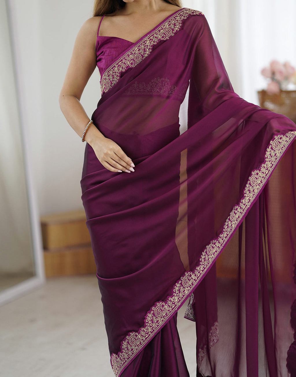 Lorenvalley Fashion Wine Rangoli Silk with Coding Lace Work Saree with Blouse