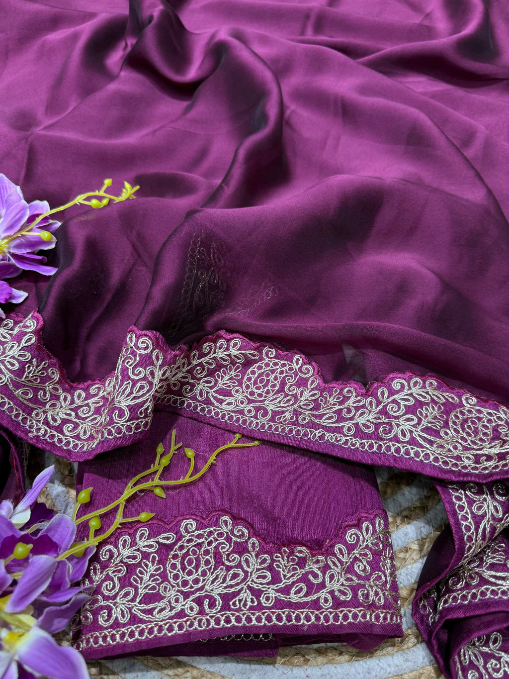 Lorenvalley Fashion Wine Rangoli Silk with Coding Lace Work Saree with Blouse