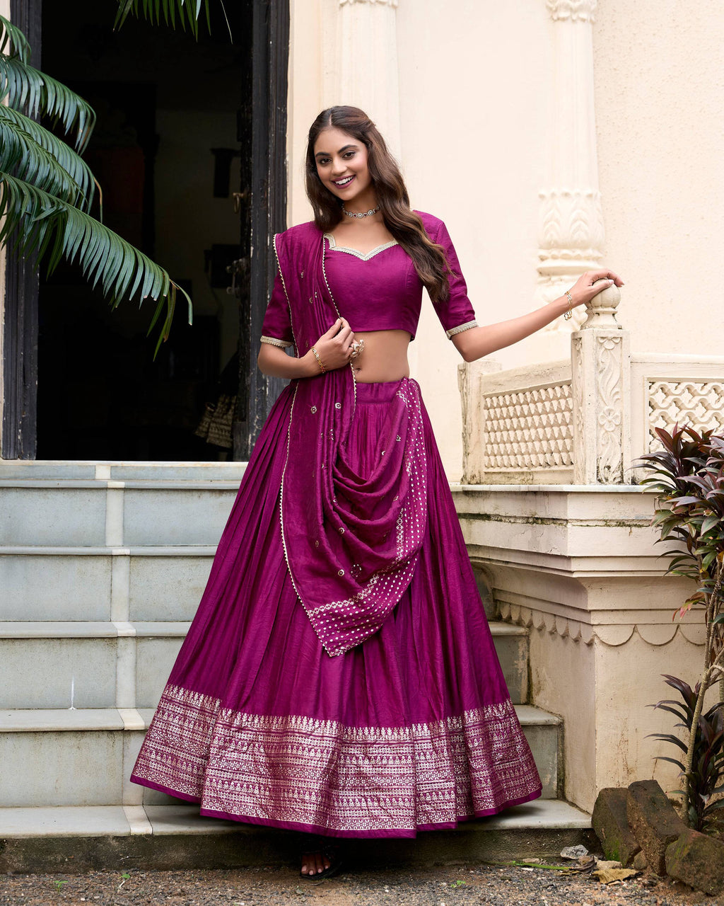 Evanik Women Pure Chanderi Plain With Zari Weaving Work Border Stitched Lehenga With Unstitched Blouse Dupatta(Up to 42)