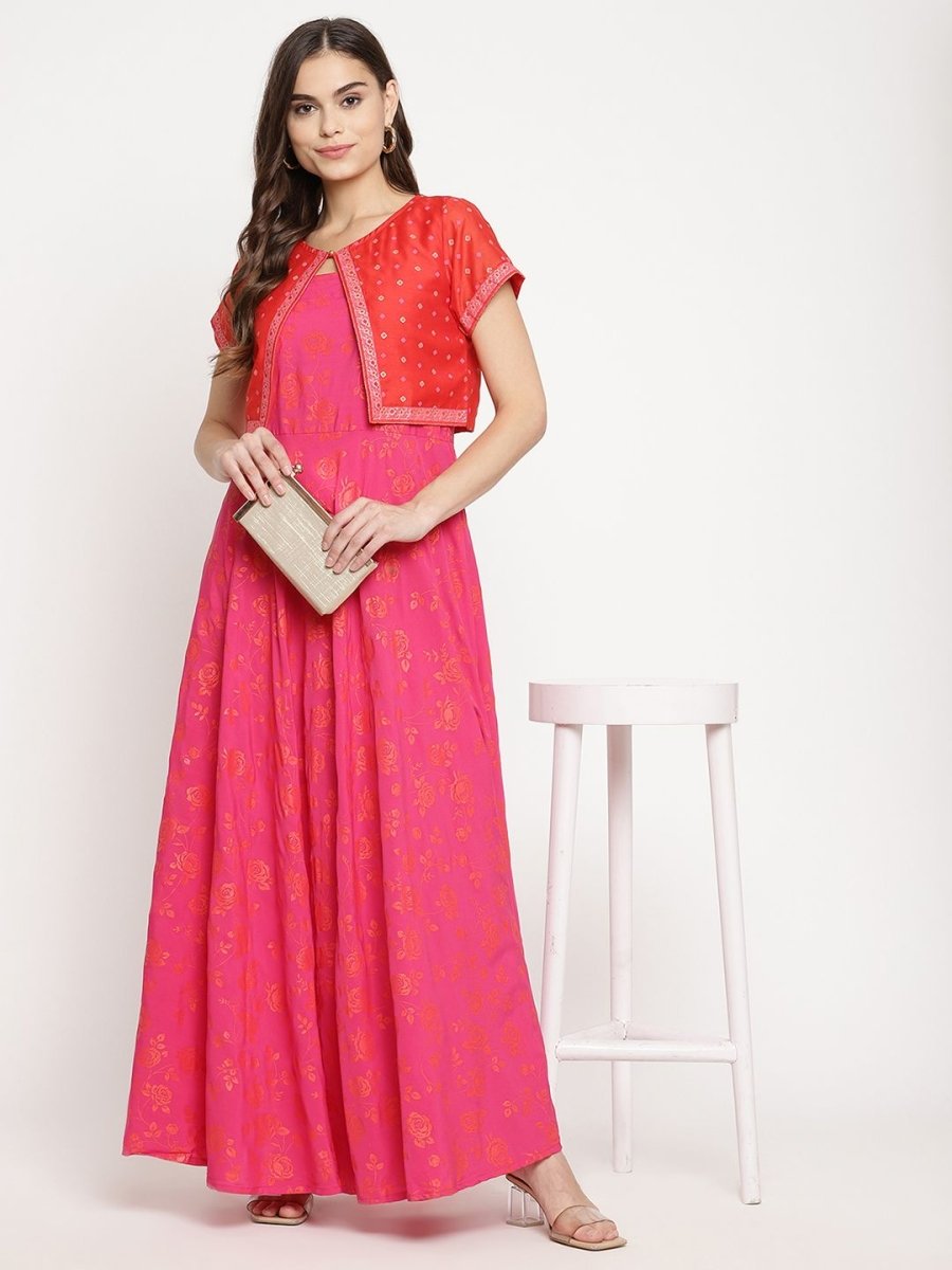Ahalyaa Pink Crepe Orange khari Print Kurta with Jacket