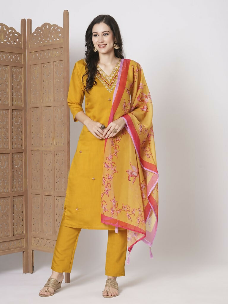 Mustard Viscose Chanderi Embroidery Work, Printed Kurta Set - Riya