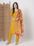 Mustard Viscose Chanderi Embroidery Work, Printed Kurta Set - Riya
