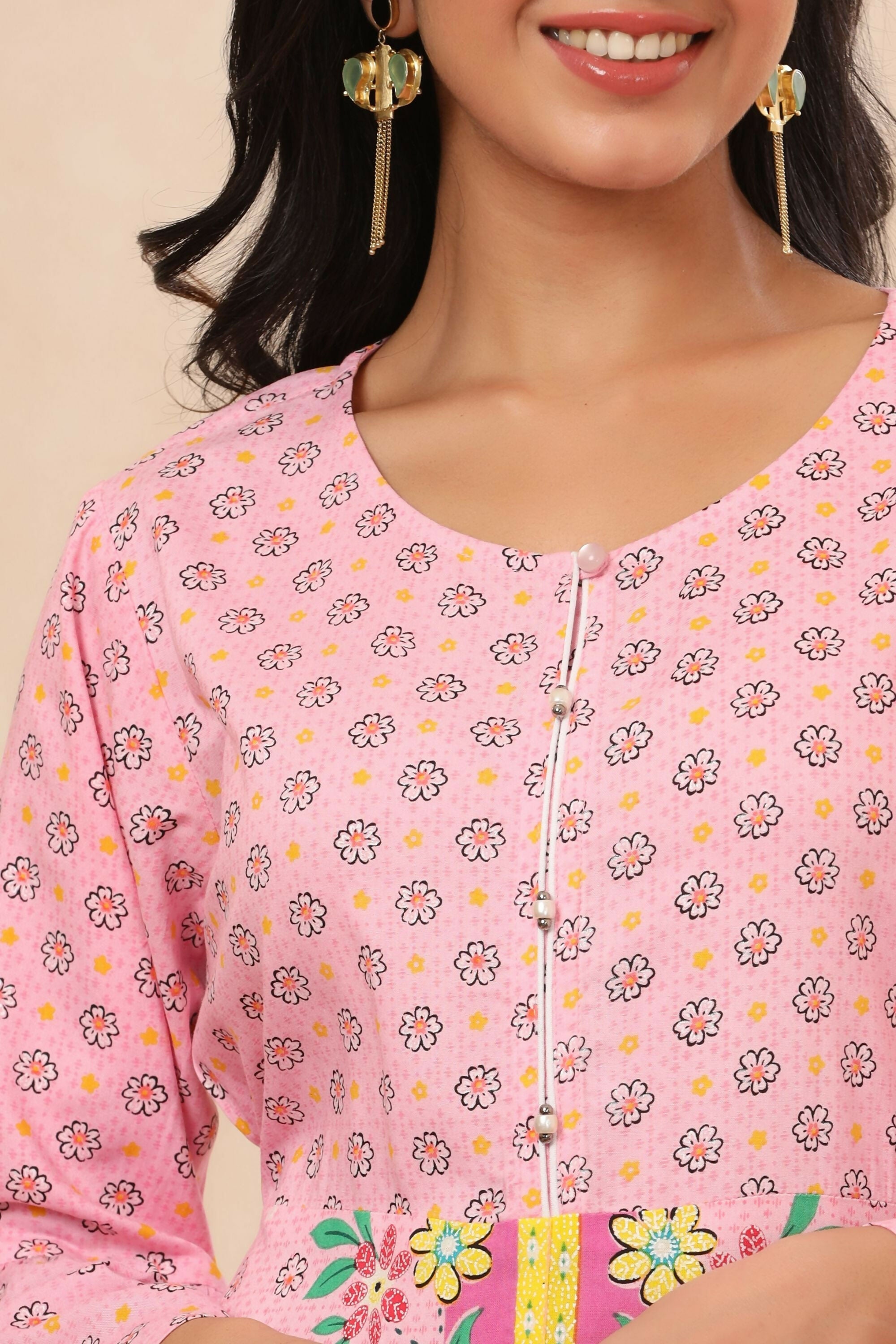 Juniper Pink Floral Printed Rayon Kurta With Buttons Closure At Back