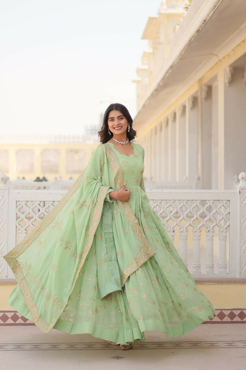 Vastranavya Faux Georgette with Zari & Sequins Embroidery Work Gown with Dupatta - Turquoise