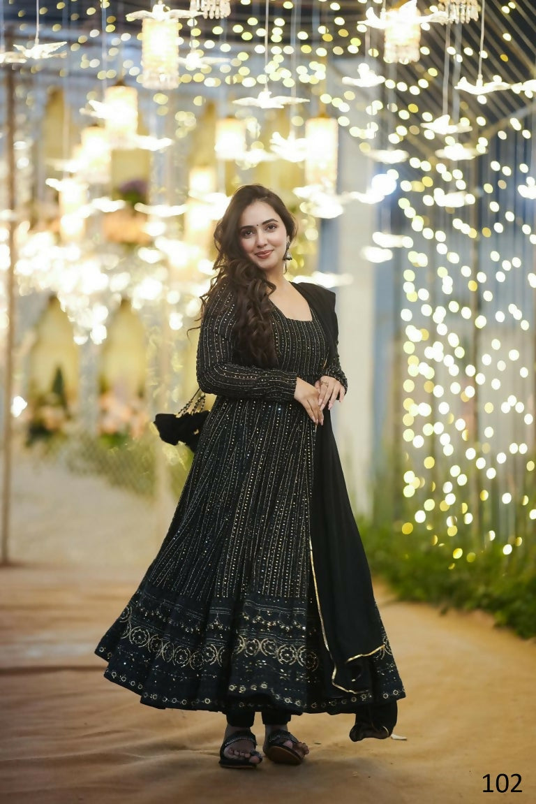 Jyoti Fashion Women's Black Faux Georgette Zari Embroidery with Sequence Anarkali Dress with Dupatta