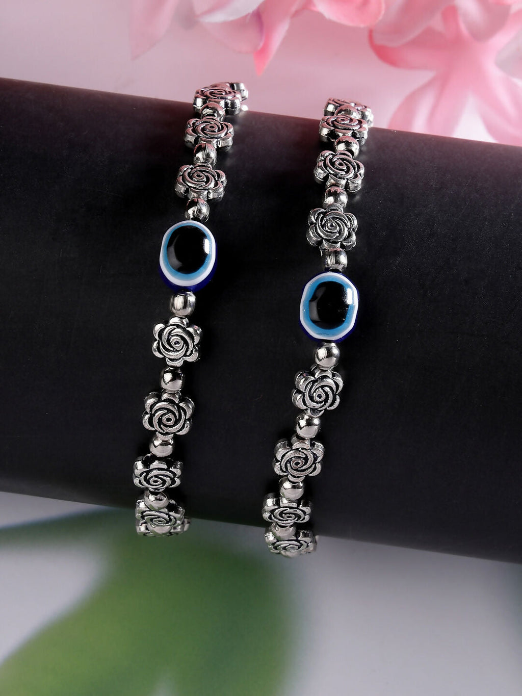 NVR Women's Evil Eye Black Silver Plated Adjustable Anklets