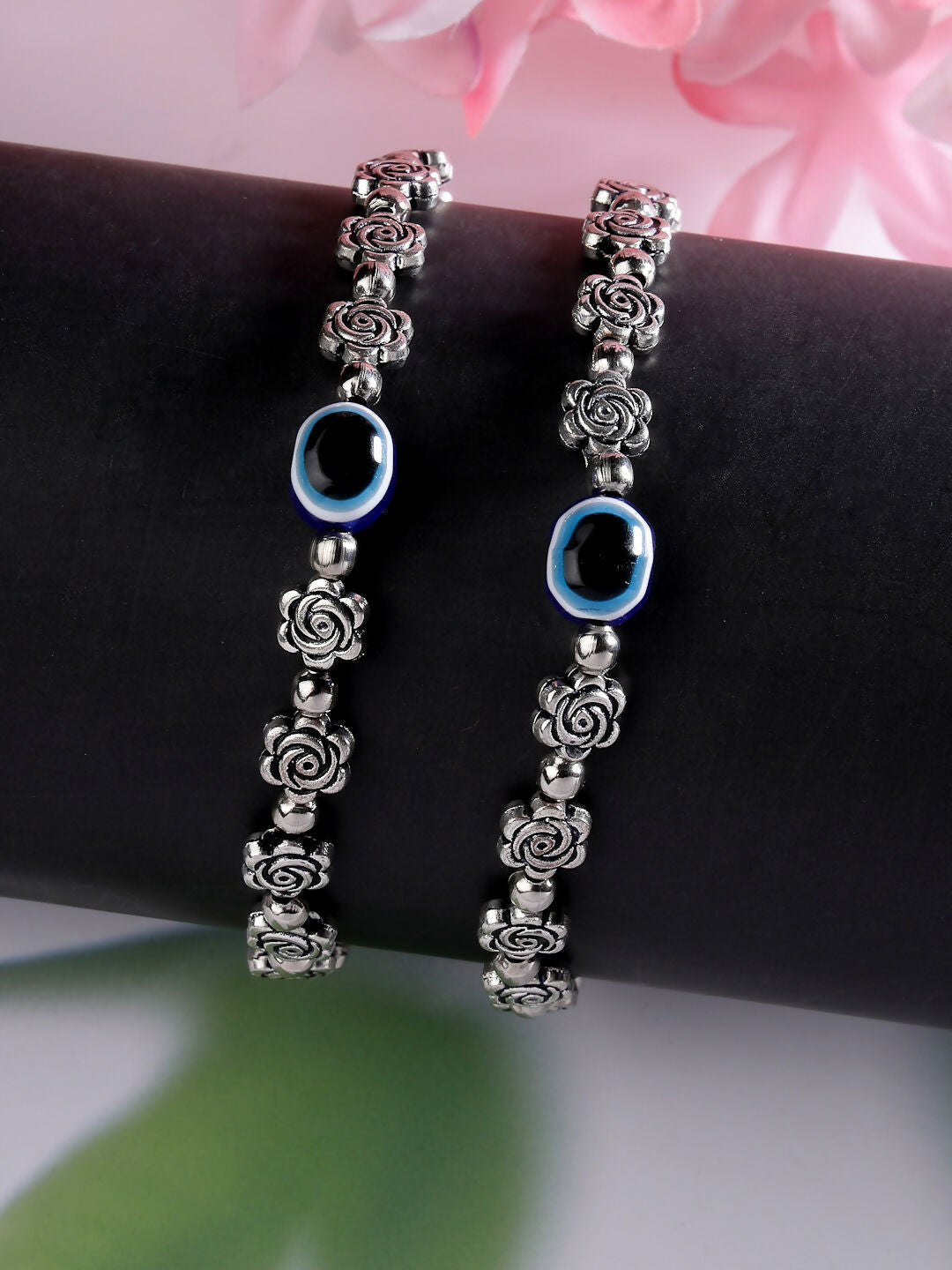 NVR Women's Evil Eye Black Silver Plated Adjustable Anklets