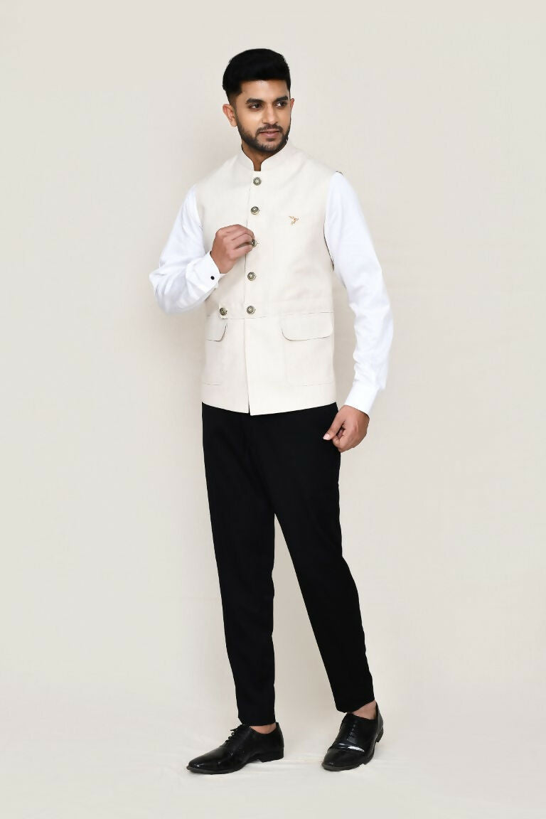 Joban Fashion Cream Colored Cotton Satin Work Men's Jacket