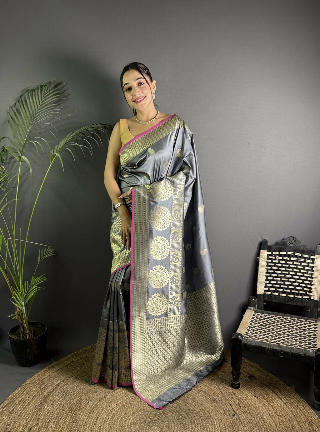 Joban Fashion Dark Grey Banarasi Soft Lichi Silk Paisley Saree