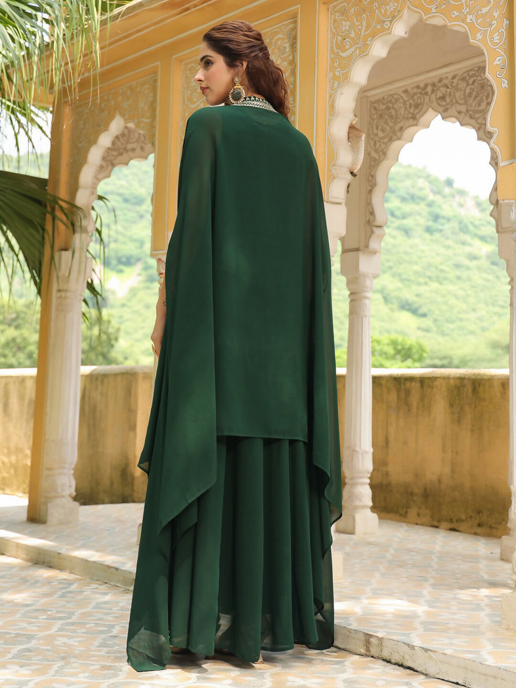 Janasya Dark Green Georgette Embroidered Dress & Jacket