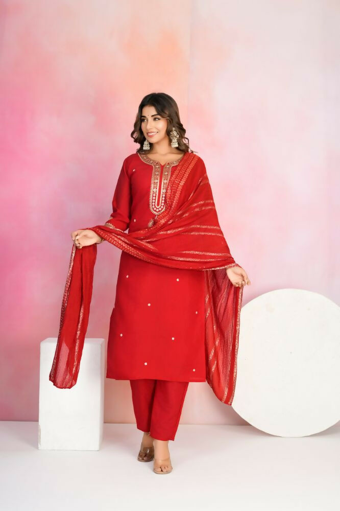 Ethnic Festive Wear Viscose Chanderi Red Stitched Suit With Dupatta - Tanisha