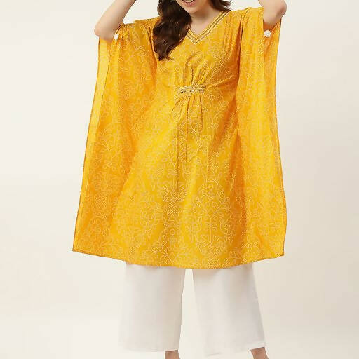 FIORRA Women's Printed Pure Cotton Kaftan Kurta - Yellow