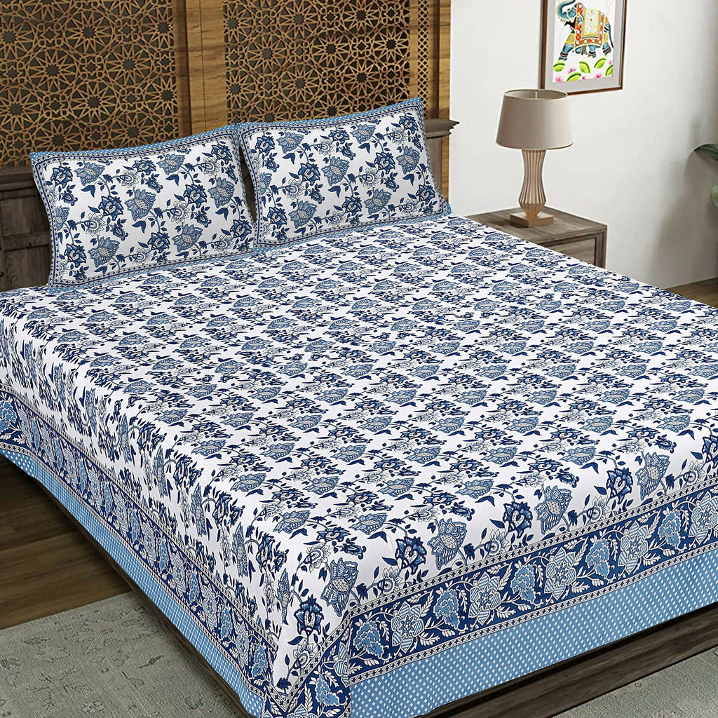 Rudra Bazaar Blue 210 TC Cotton Double King Bedsheet With 2 Pillow Covers