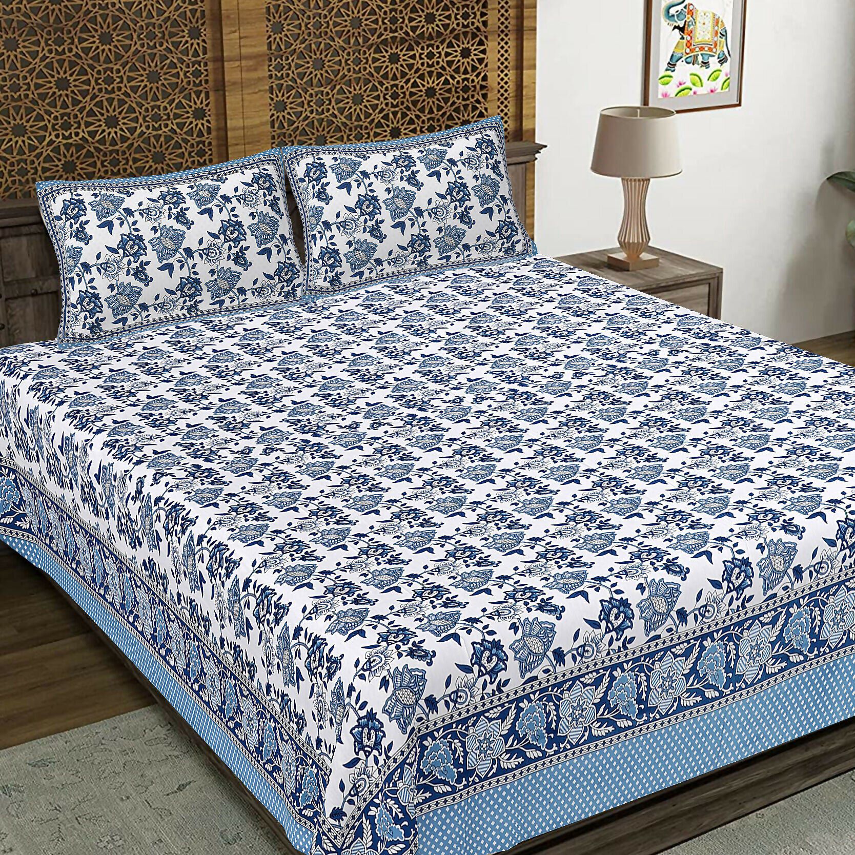 Rudra Bazaar Blue 210 TC Cotton Double King Bedsheet With 2 Pillow Covers