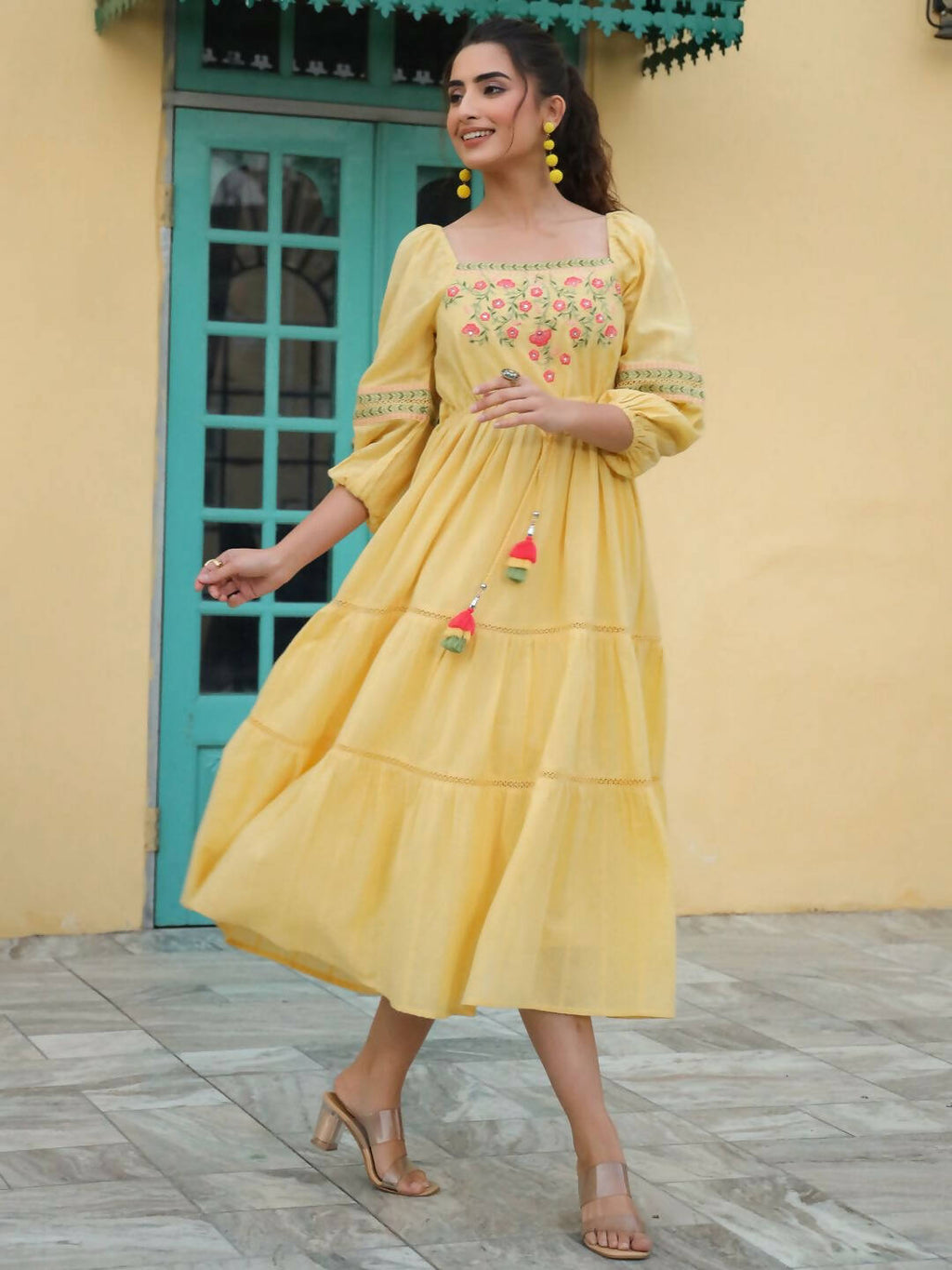 Juniper Women's Yellow Cotton Dobby Embroidered Flared Dress