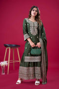 Teeya Creation Green Colour Chinnon Silk Heavy Embroidery Work Fully Stitched Salwar Suit