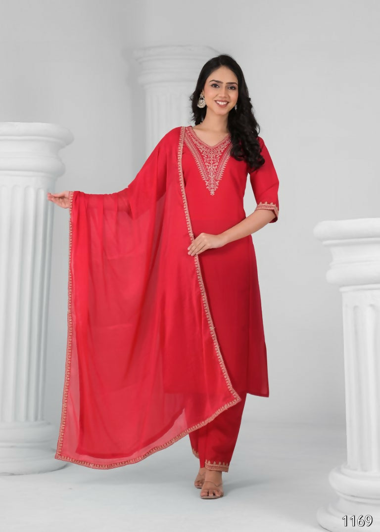 Ethnic Festive Wear Chanderi Viscose Red Stitched Suit With Dupatta - Tanisha